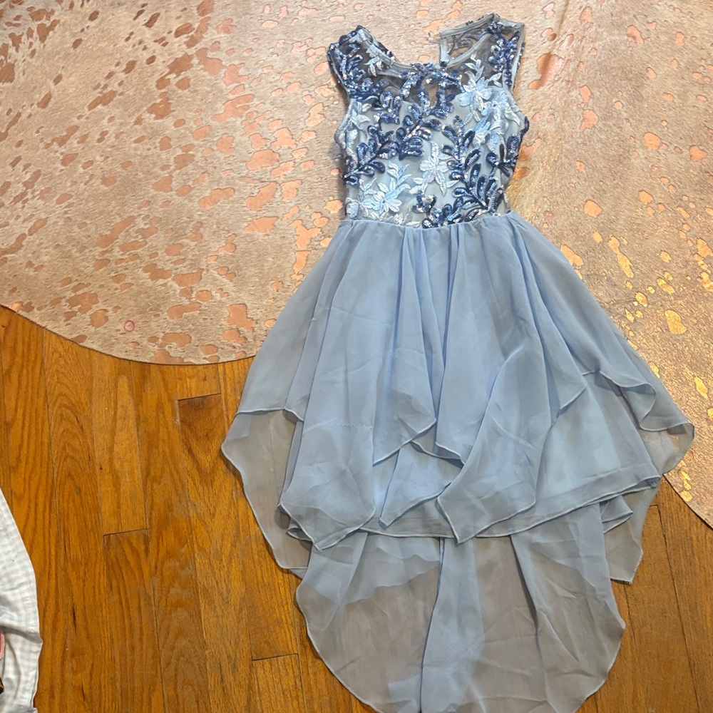 Rare Editions Powder Blue Embroidered High-Low Dress